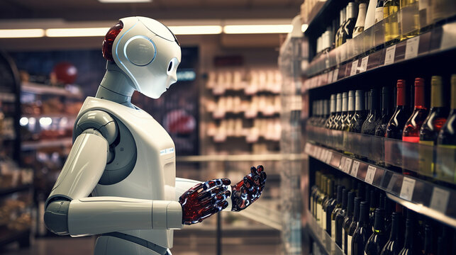 an AI driven robot in a wine shop suggesting wine