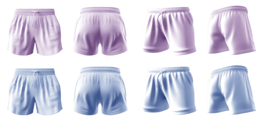 2 Set of pastel light blue purple violet, unisex running sports shorts boxer bottom, front, back and side view on transparent background cutout, PNG file. Mockup template for artwork graphic design