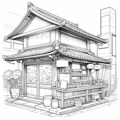 Coloring book, vintage of ramen shop in Japan.  on a white background.