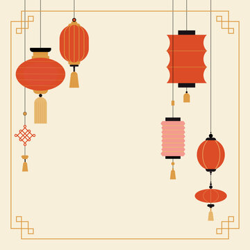 Chinese lanterns background. Traditional red Asian lamps. New year celebration banner. Contemporary decorative poster. Festive garland and copy space for text. Minimalist design vector illustration
