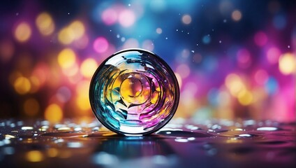 crystal clear bubble floating amidst a vibrant backdrop of colorful bokeh lights