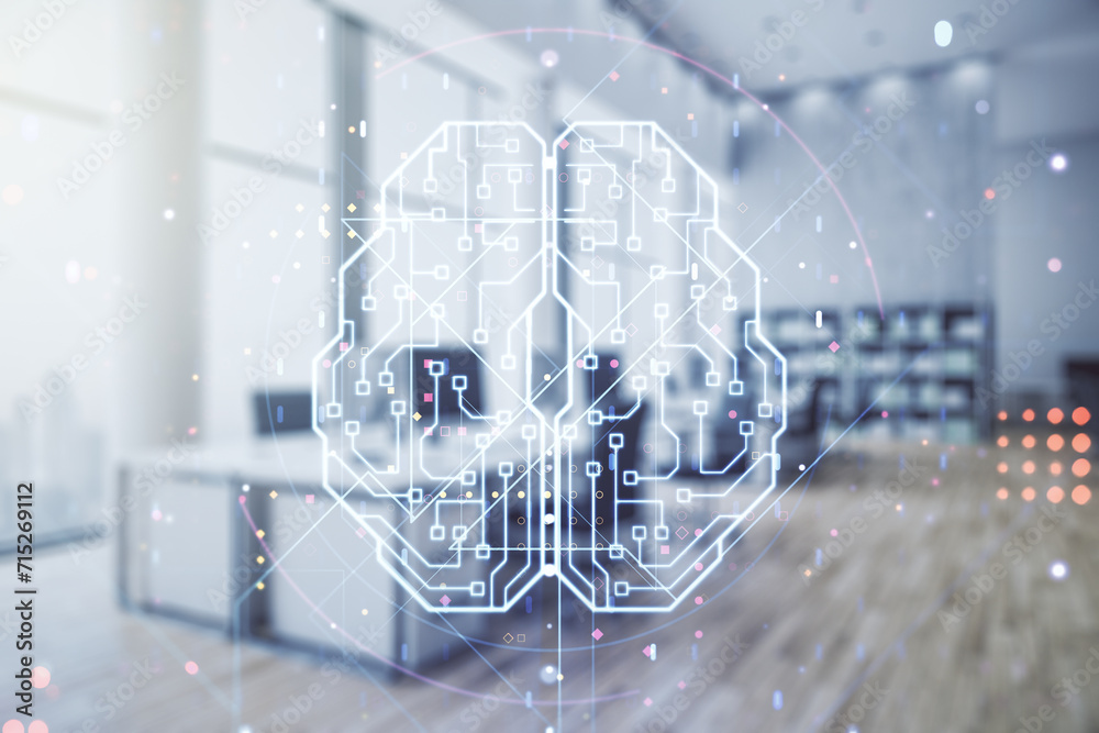 Aufkleber double exposure of creative artificial intelligence interface on modern corporate office background.