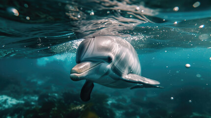 Closeup of a dolphin struggling to navigate through a chaotic noisy underwater environment causing it to become disoriented and separated from its family
