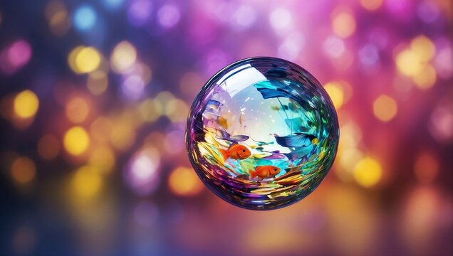 crystal clear bubble floating amidst a vibrant backdrop of colorful bokeh lights