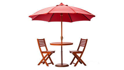 Cafe table with chair and parasol umbrella isolated on white background.