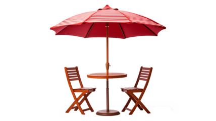 Cafe table with chair and parasol umbrella isolated on white background.