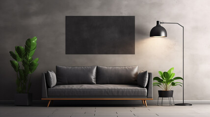 Interior poster frame, horizontal wall art mock-up over cozy black couch in modern