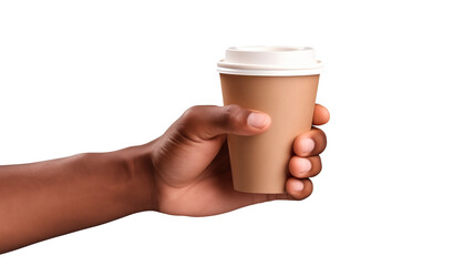 Hand with coffee to go cup isolated on transparent background