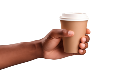 Hand with coffee to go cup isolated on transparent background