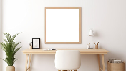 Mockup frame poster Home office concept. Empty vertical wooden picture