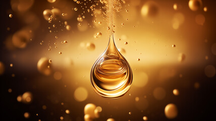 Oil drops. Serum droplet with air bubbles. Skincare gold drops. - obrazy, fototapety, plakaty