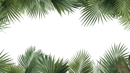 palm tree leaves overlay texture, border of fresh green tropical plants isolated on transparent background - obrazy, fototapety, plakaty