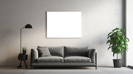 Interior poster frame, horizontal wall art mock-up over cozy black couch in modern