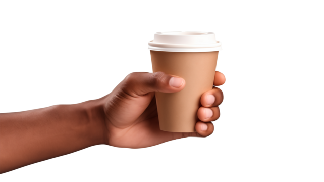 Hand with coffee to go cup isolated on transparent background