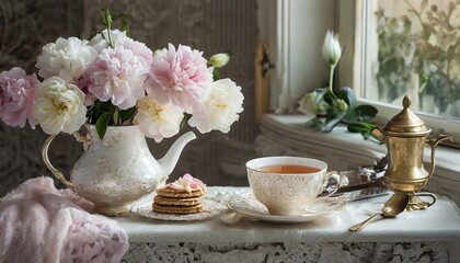 Fototapeta na wymiar still life with cup of tea and flowers, Cozy Morning Tea with Biscuits on Wooden Tray