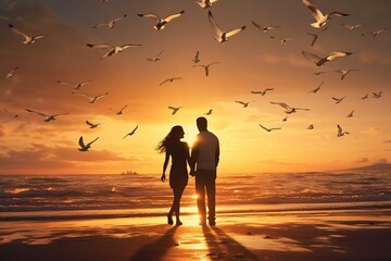 silhouette of a couple standing on the beach and chatting happily against the sunset, rear view, around a seagull. The concept of falling in love and Valentine's Day - obrazy, fototapety, plakaty
