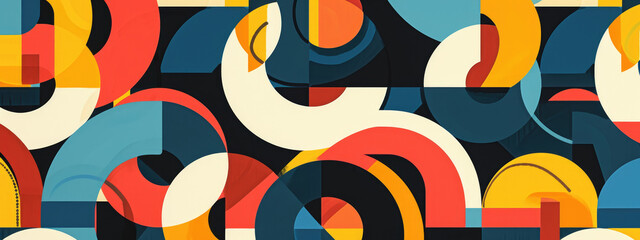 Bauhaus style background with abstract pattern featuring geometric shapes in a variety of bright colors