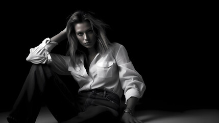 Obraz na płótnie Canvas A young beautiful female model posed elegantly in old denim jeans and white shirt in black and white portrait, beauty contrast, black and white photography