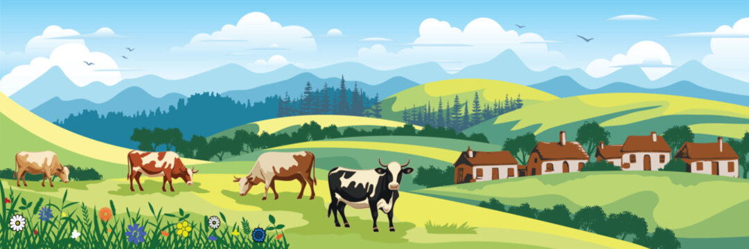Panoramic view of spring landscape, countryside and village, cows grazing in a green meadow, vector illustration