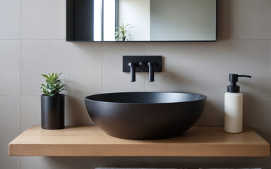 Black vessel sink and faucet grace a wall-mounted wooden countertop near a concrete-tiled wall with copy space. Exemplifying a minimalist modern bathroom design.