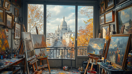 Revel in the artistic ambiance of Montmartre with a snapshot of a bohemian artist's studio, featuring easels, paintbrushes, and a glimpse of the iconic Sacré-Cœur in the background - obrazy, fototapety, plakaty