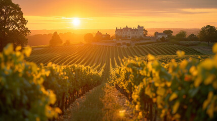 Indulge in the luxury of a French vineyard sunset, featuring rows of grapevines bathed in golden light, an elegant château in the distance, and the promise of a fine Bordeaux to sa - obrazy, fototapety, plakaty