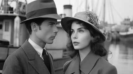 Dive into the world of French cinema with an image inspired by the Nouvelle Vague, featuring a captivating black and white scene with stylishly dressed characters, capturing the ti