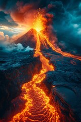 Active volcano erupting, vivid lava flowing down, smoky sky above, intense and dramatic scene, nature and disaster theme