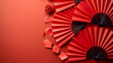 Chinese new year festive background with red decoration, copy space, generative ai
