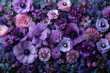 Elegant monochromatic purple floral arrangement, various flowers in shades from lavender to plum,...