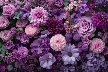 Elegant monochromatic purple floral arrangement, various flowers in shades from lavender to plum, rich and romantic