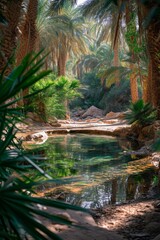 Naklejka premium Oasis in the heart of the desert, lush greenery around a small water body