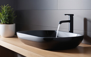 Black vessel sink and faucet grace a wall-mounted wooden countertop near a concrete-tiled wall with copy space. Exemplifying a minimalist modern bathroom design.