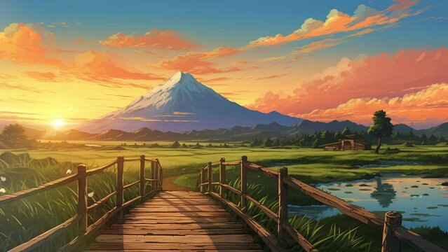 Animation illustration of mountain views with natural rivers and rice fields. Background animation.