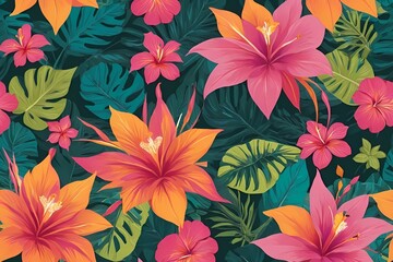 Fototapeta na wymiar Tropical Fiesta Bloom. A tropical-themed floral illustration with a large, exotic fantasy flower as the focal point.