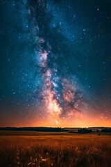 Fototapeta na wymiar Vast open field under a starry night sky, Milky Way visible