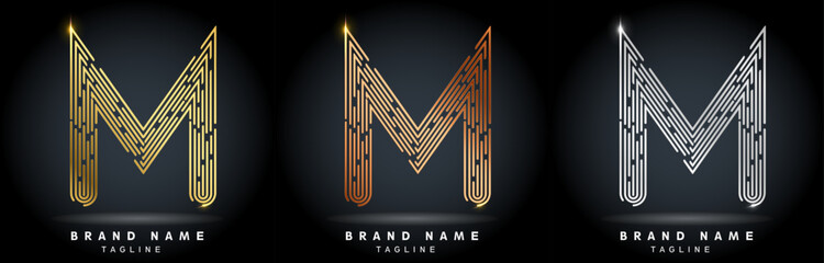 M Letter Logo concept Linear style. Creative Minimal Monochrome Monogram emblem design template. Graphic Alphabet Symbol for Luxury Fashion Corporate Business Identity. Elegant Vector element