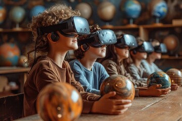 Virtual reality education classroom, students with VR headsets exploring a 3D solar system
