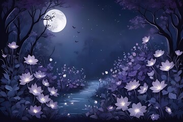 Mystical Midnight Garden. An enchanting garden scene illuminated by the moonlight.