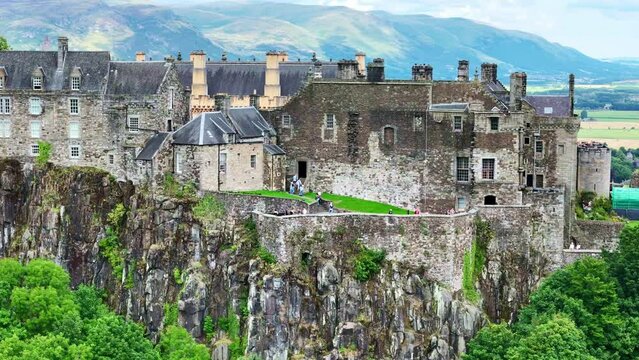 Aerial drone Scotland. Stirling castle. Historic medieval castle. Scottish travel destination, tourism landmark in UK. 