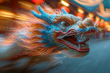 Fototapeta premium electric tesla coil chaos effect on a chinese cute dragon swirling colors, motion effects, speed action panning photography effects, lunar new year