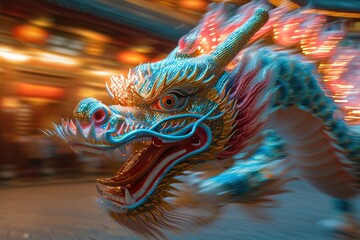 Fototapeta na wymiar electric tesla coil chaos effect on a chinese cute dragon swirling colors, motion effects, speed action panning photography effects, lunar new year