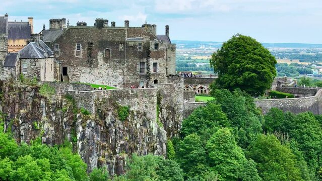 Aerial drone Scotland. Stirling castle. Historic medieval castle. Scottish travel destination, tourism landmark in UK. 