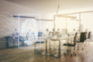 Double exposure of virtual creative fingerprint hologram on modern corporate office background,...