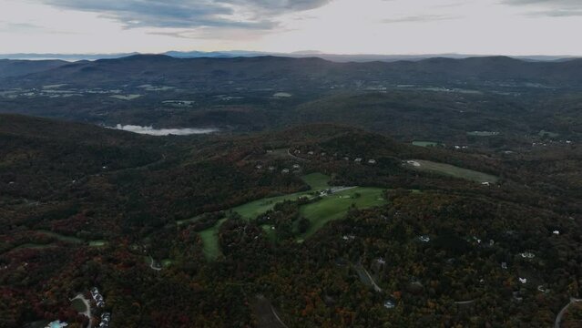 Panoramic Aerial View Of Killington Mountain Golf Resort during fall colors In Rutland County, Vermont, United States.
