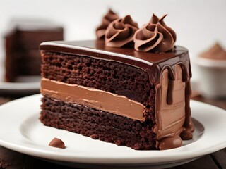 piece of dark chocolate cake on a white plate 