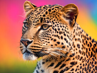 Leopard portrait on colorful background. Animal in the nature habitat.