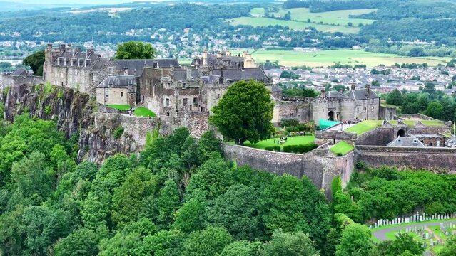 Aerial drone Scotland. Stirling castle. Historic medieval castle. Scottish travel destination, tourism landmark in UK. 