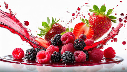  Fresh ripe strawberry, raspberry, blackberry, cranberry juice blend mix splash swirl with strawberry, blackberry, cranberry, raspberry. Red multifruit berry juice splash wave and forest fruits on whi