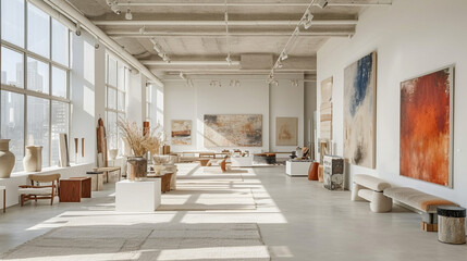 A contemporary art studio flooded with natural light, featuring expansive white walls, high ceilings, and a mix of abstract paintings and sculptures